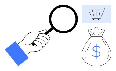 El ele tutuşan büyüteç, içinde para sembolü olan çanta ve alışveriş arabası. E-ticaret, bütçe yönetimi, finans yönetimi, tüketici görüşleri, yatırım perakende ekonomi analizi için idealdir. Temiz