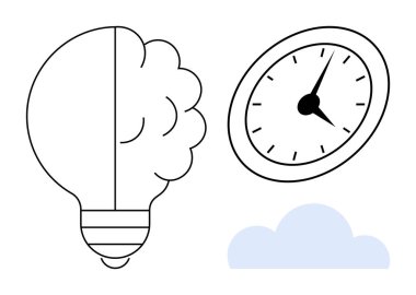 Beyinle birleşen ampul, hareket eden ellerle çalışan saat, alttaki yumuşak bulut. Yenilik için ideal, üretkenlik, zaman yönetimi, yaratıcılık, beyin fırtınası verimliliği odağı. Basit düz metafor
