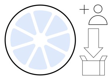 Segmentli bölümler, kullanıcı simgesi, aşağıdan kutuya ok, takım çalışmasını, görev dağılımını ve kaynak yönetimini temsil eden dairesel tablo. İşlem haritalama, çevik planlama, takım çalışması için ideal
