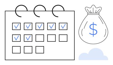 Kontrol işaretli takvim, dolar işaretli para çantası ve bulutlar bütçeyi, tasarrufu, planlamayı, maaşları, zamanlamayı, teslim tarihlerini ve mali yönetimi temsil ediyor. Ekonomik kavramlar için ideal basit