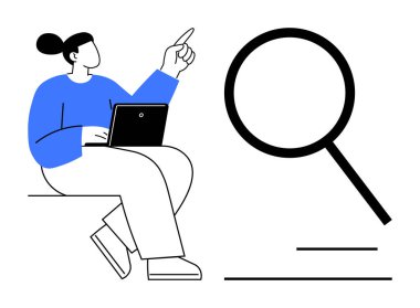 Dizüstü bilgisayar tutan ve büyük bir büyüteci işaret eden bir kadın keşif, arama ya da araştırma yapmayı öneriyor. Araştırma, araştırma, analiz, problem çözme, merak keşfi için ideal basit