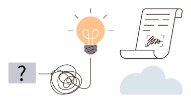 Karmaşa, ampullere doğru ilerler. Bulutun üstünde imzalı bir belgeye akar. Yaratıcılık, yenilik, problem çözme, anlaşmalar, takım çalışması, dijital çözümler için ideal, basit düz