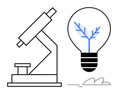 Mikroskop, yenilik, araştırma ve sürdürülebilirliği birleştiren bir bitki filizi ile birlikte ampulün yanında. Bilim, ekolojik yenilik, biyoloji, öğrenme, temiz enerji, büyüme çevre dostu temalar için ideal