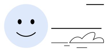 Mutlu yüz, basit bir gülümseme, doğrusal elementlerin yanında gözler ve minimalist bir bulut. Mutluluk, iyimserlik, basitlik, pozitiflik, farkındalık, barış, görsel iletişim için idealdir. Basit düz