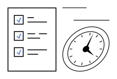 Saat yanında kontrol işaretleri olan yapılacaklar listesi verimliliği, zamanlamayı ve zaman takibini sembolize eder. Organizasyon, planlama, teslim tarihleri, verimlilik, öncelikli iş akışı için ideal. Basit düz