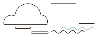 Yatay çizgileri ve dalgalı desenleri olan bulut hava hareketini ve su akışını sembolize ediyor. Hava, çevre, iklim bilimi, veri akışı, asgari tasarım, soyut sanat, basit düz metafor için ideal