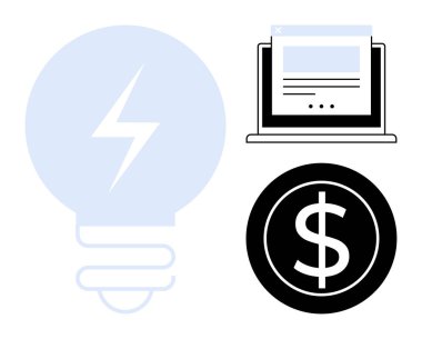 Enerji cıvatalı ampul, web tarayıcılı laptop ve daire şeklinde dolar işareti. Girişimcilik, teknoloji, finans, yaratıcılık ve yenilikçilik için idealdir. En az düz metafor