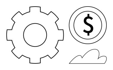 Teknik süreçleri, finansal büyümeyi ve veri depolamayı tasvir eden vites, bozuk para ve bulut ana hatları birbirine bağlıdır. Konseptler için ideal yenilik, ekonomi, bulut hesaplaması, mali strateji