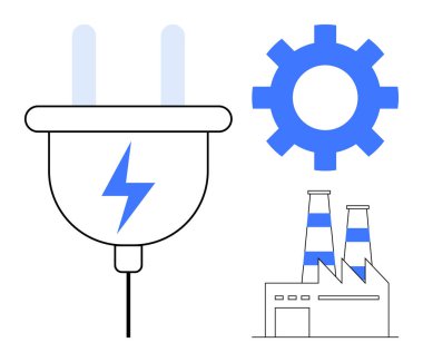 Yıldırımlı elektrik prizi, çark ve enerji üretimini, verimliliği ve endüstriyi sembolize eden fabrika. Enerji, yenilik, teknoloji, sürdürülebilirlik, çevre dostu üretim için ideal