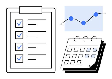 Pano kontrol listesi, işaretli tarihli takvim ve veri noktalı satır grafiği. Üretim, organizasyon, görev yönetimi, iş akışı optimizasyonu, planlama, zamanlama ve veri için ideal