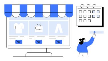 Duvar takvimini güncelleyen kişinin yanında ürünleri ve alışveriş arabalarını monitörde gösteren dijital mağaza önü. Çevrimiçi alışveriş, e-ticaret, iş planlaması, etkinlik planlama, zaman yönetimi için ideal
