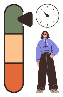 Renkli performans göstergesi gelişimi gösteriyor, saati sembolize ediyor, ve kendine güvenen bir figürü. Zaman yönetimi için ideal, kişisel büyüme, üretkenlik, kendini ifade etme, ilerleme