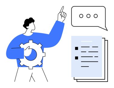 Elinde teçhizat tutan, belgelerin yanında yukarıya doğru bakan ve noktalı konuşma balonu olan bir adam. Takım çalışması, iş akışı, iletişim, fikir, rehberlik, planlama yenilikleri için idealdir. Basit düz metafor