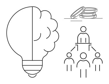 Beyinle birleşen ampul, kaynaklar için biriken madeni paralar için fikir hiyerarşisi diyagramını temsil ediyor. Yenilik, liderlik, işbirliği, iş stratejisi, mali planlama için ideal