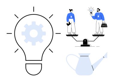 Teçhizatlı ampul ve sulama yenilikleri sembolize edebilir. Bir ölçekte iki profesyonel takım çalışması, denge ve yaratıcılığı iletir. İş, strateji, büyüme, yenilik, takım çalışması fikirleri için ideal