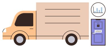 Kilitli kapılı teslimat kamyonu ve lojistik, güvenlik ve veri takibini gösteren küçük bar çizelgesi. Ulaşım, taşımacılık, güvenlik, analitik, e-ticaret, teknoloji deposu için ideal