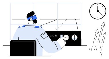 Üniformalı pilot kokpitte kontrolleri yönetiyor, ekipmanları yönetiyor. Analog saat ve yukarı çıkan oklar zamanı, yörüngeyi ve hedefi belirler. Havacılık, teknoloji, kesinlik ve ilerleme için ideal