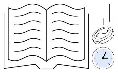Metin satırları olan açık bir kitap, hareket halindeki bir para ve basit ellerle çalışan bir saat. Eğitim, zaman yönetimi, finansal okur yazarlık, karar verme, öğrenme yatırımı, basit bir daire planlama için ideal