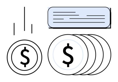 Birikmiş bozuk paralar, dolar işaretleri, dikey grafik çizgileri ve dikdörtgen bir metin kutusu. Finans, tasarruf, yatırım, ödeme, ekonomi sektörü ve gelir fikirleri için ideal. Basit düz