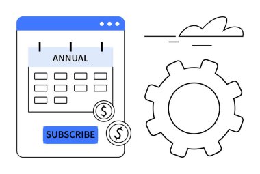 Takvim etiketli, abonelik düğmesi, yüzen dolar parası ve vites simgesi. Finans, otomasyon, planlar, abonelikler, zaman yönetimi verimliliği için ideal basit düz metafor