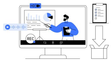Sunucu grafikleri büyük ekranda açıklama ikon, ses dosyası, kontrol listesi ve indirme sembolü ile. Çevrimiçi öğrenme, uzaktan çalışma, video oluşturma, öğretim ve öğretim için ideal