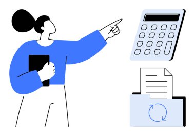 Hesap makinesini gösteren bir pano tutan kadın, senkronize oklu bir klasör. Muhasebe, finans, iş akışı yönetimi, takım çalışması, veri organizasyonu, planlama, basit daire