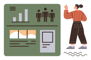 Grafikleri, kullanıcı profillerini ve proje içgörülerini gösteren yeşil analitik gösterge panelini gösteren bir kadın. Takım çalışması, analitik, iş stratejisi, eğitim, eğitim ve yönetim için ideal