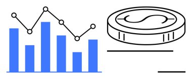 Çizgi çizelgesi ve yüzen madeni para çizelgesi mali analizi, karı ve ekonomik büyümeyi temsil ediyor. İş stratejisi, finans, ekonomi ve yatırım eğilimleri için ideal