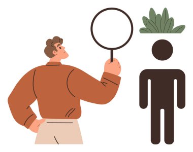 Büyüteç kullanan bir adam kafasında bitki büyümesi olan bir insanın siluetini gözlemliyor. Zihinsel sağlık, öz farkındalık, kişisel büyüme, içgözlem, psikoloji, farkındalık, basit