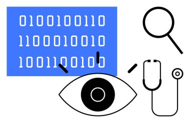 Mavi ekrandaki ikili kod, büyüteç, steteskop ve veri analizini, tanı koymayı, şeffaflığı ve araştırmayı sembolize eden göz. Teknoloji ve sağlık hizmetleri için ideal yapay zeka güvenliği