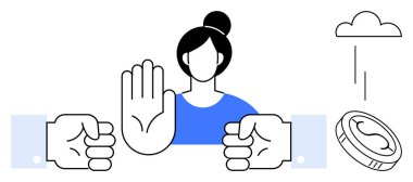 Kadın işaret vermek için elini kaldırıyor. Yumruklarını sıkmayı, para kaybetmeyi ve bulutları geride bırakmayı. Karar verme, sınırlar, müzakere, reddedilme, çatışma çözümü, finansman için ideal