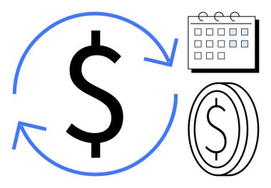 Dairesel oklar, takvim ve madeni parayı temsil eden dolar işareti, tekrarlanan ödemeler, tasarruf, bütçe planlaması, ekonomik analiz ve nakit akışı yönetimi basit bir düz metaforda