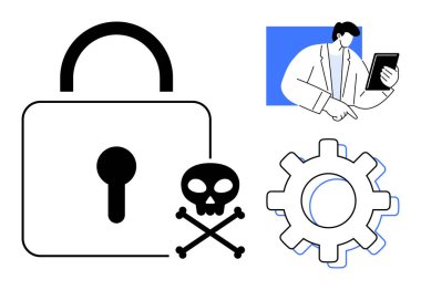 Güvenlik, kafatası ve çapraz kemikleri temsil eden kilit tehditleri, teçhizatı simgeleyen sistemleri ve tableti işaret eden kişiyi temsil ediyor. Siber güvenlik, dikkat, dijital etkileşim ve bilişim riskleri için ideal