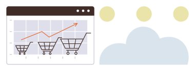 Büyümeyi gösteren kırmızı grafik çizgisi dijital bir grafikte yükselen alışveriş arabalarıyla eşleşiyor. E-ticaret, iş analizi, pazar eğilimleri, satış büyümesi, dijital ekonomi, başarı stratejileri için ideal