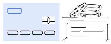 Çipli kredi kartı, birikmiş madeni paralar ve diyalog baloncukları para işlemleri, dijital bankacılık, e-ticaret, iletişim, tasarruf, çevrimiçi ödemeler mali planlamayı öneriyor. Temiz düz metafor