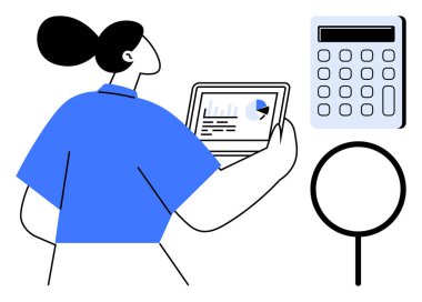 Tabletteki verileri analiz eden bir kadın hesap makinesi ve büyüteçle birlikte grafiği de içeriyor. Analiz, finans, araştırma, problem çözme, eğitim, üretkenlik teknolojisi için ideal. Basit.