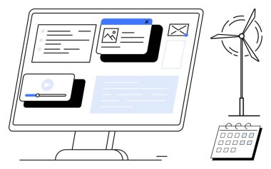 Çoklu görev arayüzü ve çeşitli elementlere sahip bilgisayar ekranı, e-posta ve videoyu, enerjiyi simgeleyen rüzgar türbini ve takvimi onaylar. Üretkenlik, sürdürülebilirlik ve temiz enerji için ideal