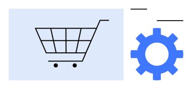 Alışveriş arabası ikonu mavi dişlinin yanında, e-ticareti, otomasyonu ve teknolojiyi temsil ediyor. Perakende satış, çevrimiçi mağaza yönetimi, üretkenlik, alışveriş, lojistik entegrasyon ve yenilik için ideal