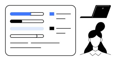 İlerleme çubukları, kontrol listesi ögeleri ve minimal avatarla kullanıcı arayüzü. Dizüstü bilgisayar simgesi temaları tamamlar, veri yönetimi, dijital kimlik ve analizi destekler. Teknoloji ve profil için ideal