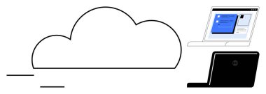 Veri transferini sembolize eden çizgilerle bulut şekli, çevrimiçi arayüzlü laptop, basit siyah dizüstü bilgisayar. Bulut depolama, uzak çalışma, teknoloji, veri yönetimi, ağ oluşturma, İnternet erişimi için ideal