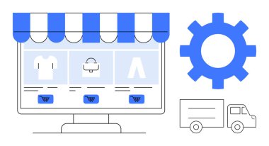 Bilgisayar ekranında alışveriş arabasının düğmeleri, teslimat kamyonu ve ayarları olan mağaza eşyaları gösteriliyor. E-ticaret, lojistik, çevrimiçi alışveriş, perakende satış, sistem yönetimi, tedarik zinciri için ideal