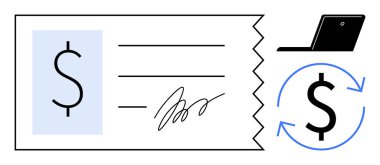 Dolar işareti, imza, dizüstü bilgisayar ve yinelenen ok ikonu ile kontrol edildiğinde finansal yönetim, otomasyon, e-ticaret, muhasebe, bütçe planlaması çevrimiçi ödemeler ve para transferi vurgulanır. Basit.