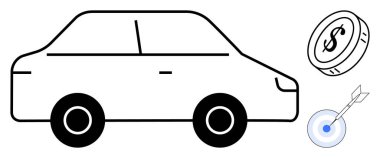 Sedan taslağı, dolar parası ve hedef dartla vurgulanmış finansal planlama, bütçe yönetimi, tasarruf, ulaşım maliyeti, sigorta, ekonomik verimlilik ve yatırım kararları. Basit düz