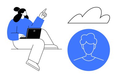 Modern kadın dizüstü bilgisayar kullanıyor, bulut simgesi ve kullanıcı avatarına işaret ediyor. Teknoloji, veri depolama, kullanıcı deneyimi, bulut hesaplama, dijital bağlantı, uzaktan çalışma, basit düz metafor