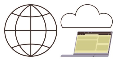 Küresel şebeke, bulut ana hatları ve web tarayıcılı laptop küresel bağlantı, bulut hesaplama, çevrimiçi iletişim, veri paylaşımı, teknoloji yeniliği, uzaktan çalışma ve dijital