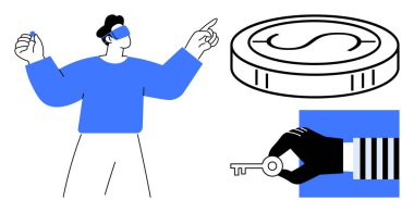 VR kulaklık takan adam paraya bakıyor, sanal işlemleri gösteriyor, anahtarı tutuyor, finansal erişimi simgeliyor. Fintech, sanal ekonomi, dijital güvenlik, engelleme zinciri için ideal