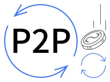 Akış ve değişimi sembolize eden dairesel oklarla kalın P2P metni, hareket halindeki bir sikkeyle birlikte. Finans, dijital ödeme, engelleme zinciri, kripto para birimi, ekonomi, işlem, basit daire