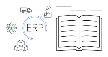 ERP iş akışı ve tedarik zinciri simgeleri, fabrika, kamyon, teçhizat ve küpler dahil. Açık kitap belgelemeyi ya da öğrenmeyi temsil eder. ERP, lojistik ve tedarik zinciri yazılım entegrasyonu için ideal