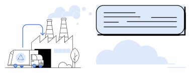 Ağaçlar ve bulutlarla çevrili bacalardan salınımlar yükselirken geri dönüşüm kamyonu fabrikaya giriyor. Sürdürülebilirlik, çevre, geri dönüşüm, kirlilik, sanayi, lojistik, atık azaltma için ideal