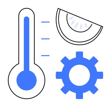 Termometre sıcaklık ölçümünü, vites göstergesi işlevselliği, karpuz dilimi tazeliği veya suyu simgeler. Teknoloji, gıda, sağlık, üretkenlik ve sanayi için ideal